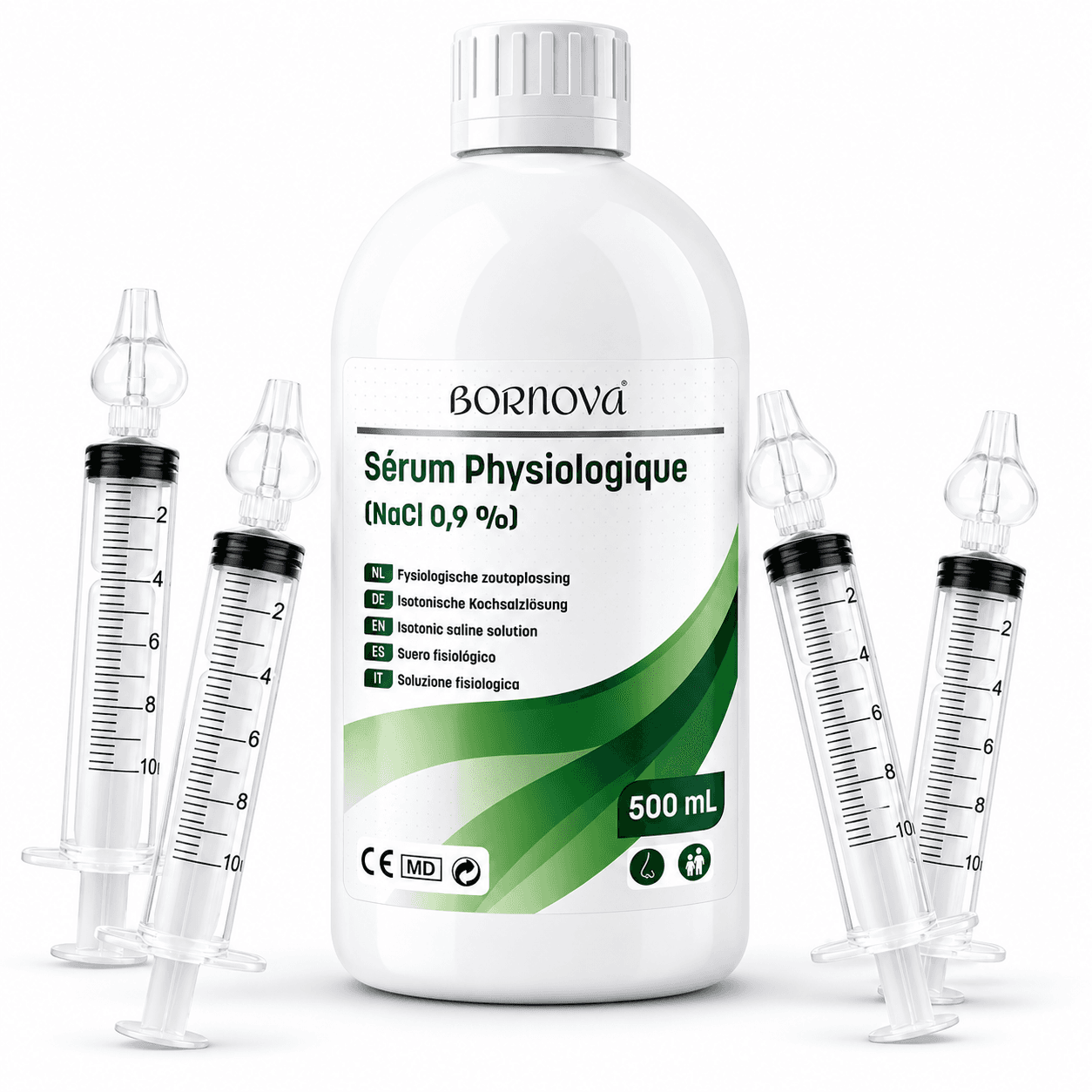 Set sérum physiologique NaCl 0,9 % (500 ml) + 4 seringues de lavage nasal — 1 / 6