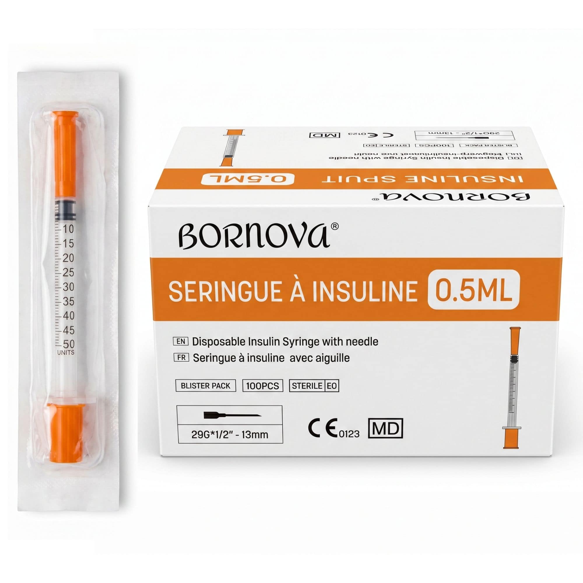 Jeringa de insulina U-100 (100 UI/ml), estéril, de un solo uso, con aguja fija 29G × 13 mm — 1 / 4