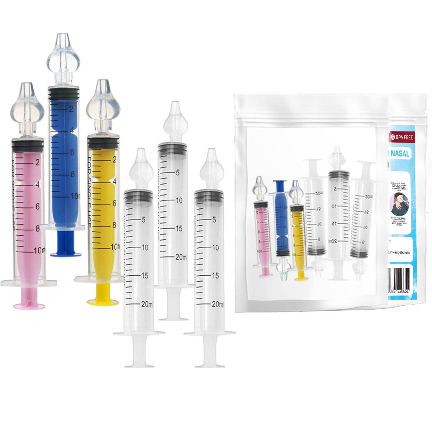 BORNOVA Seringue Nasale et Mouche Bébé/Adulte - 6 Pièces (3x10 ml + 3x20 ml) - Embout pour Lavage de Nez