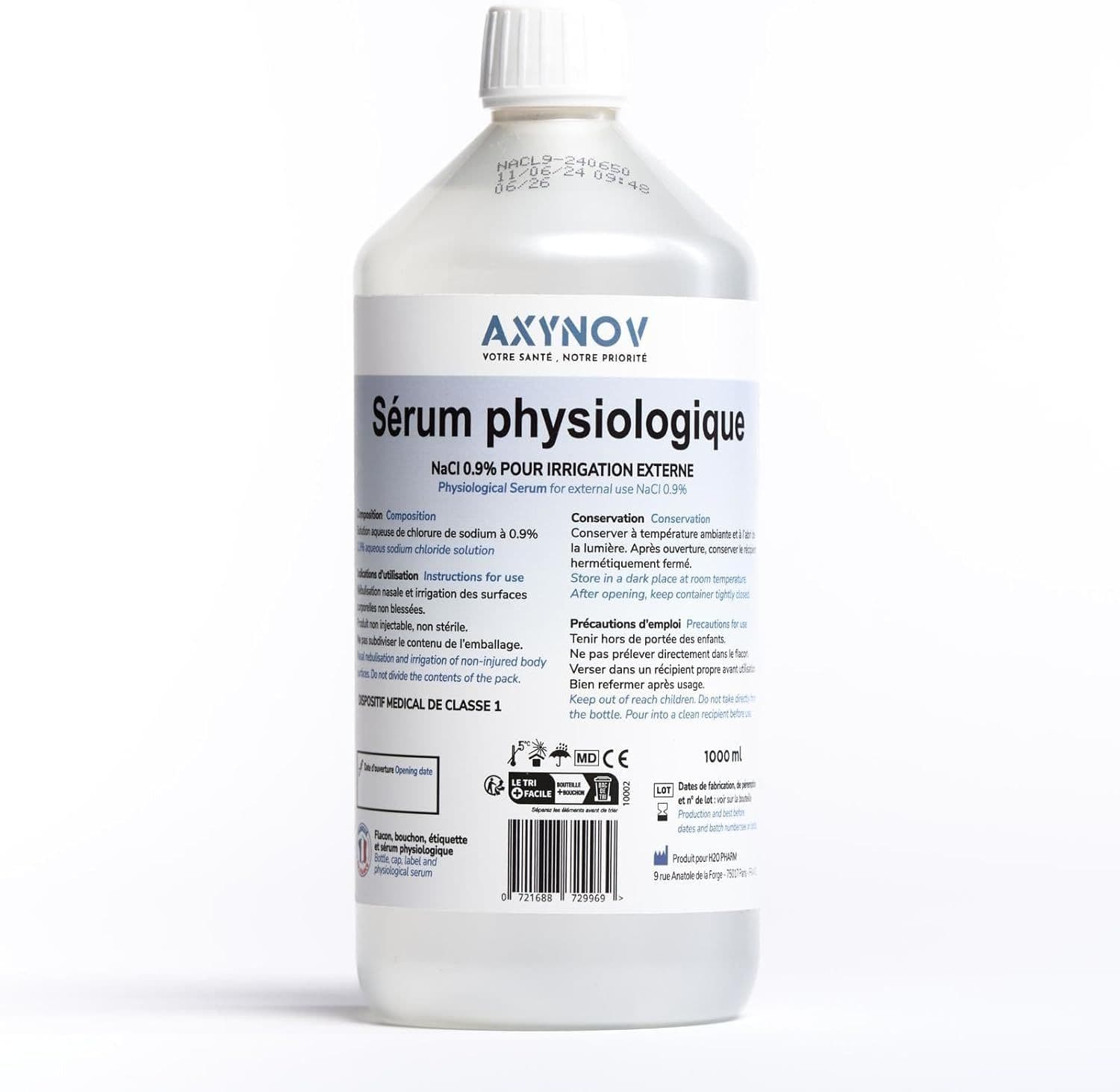 Sérum Physiologique Axynov NaCl 0,9% - Solution Isotonique (500 ml / 1 L)