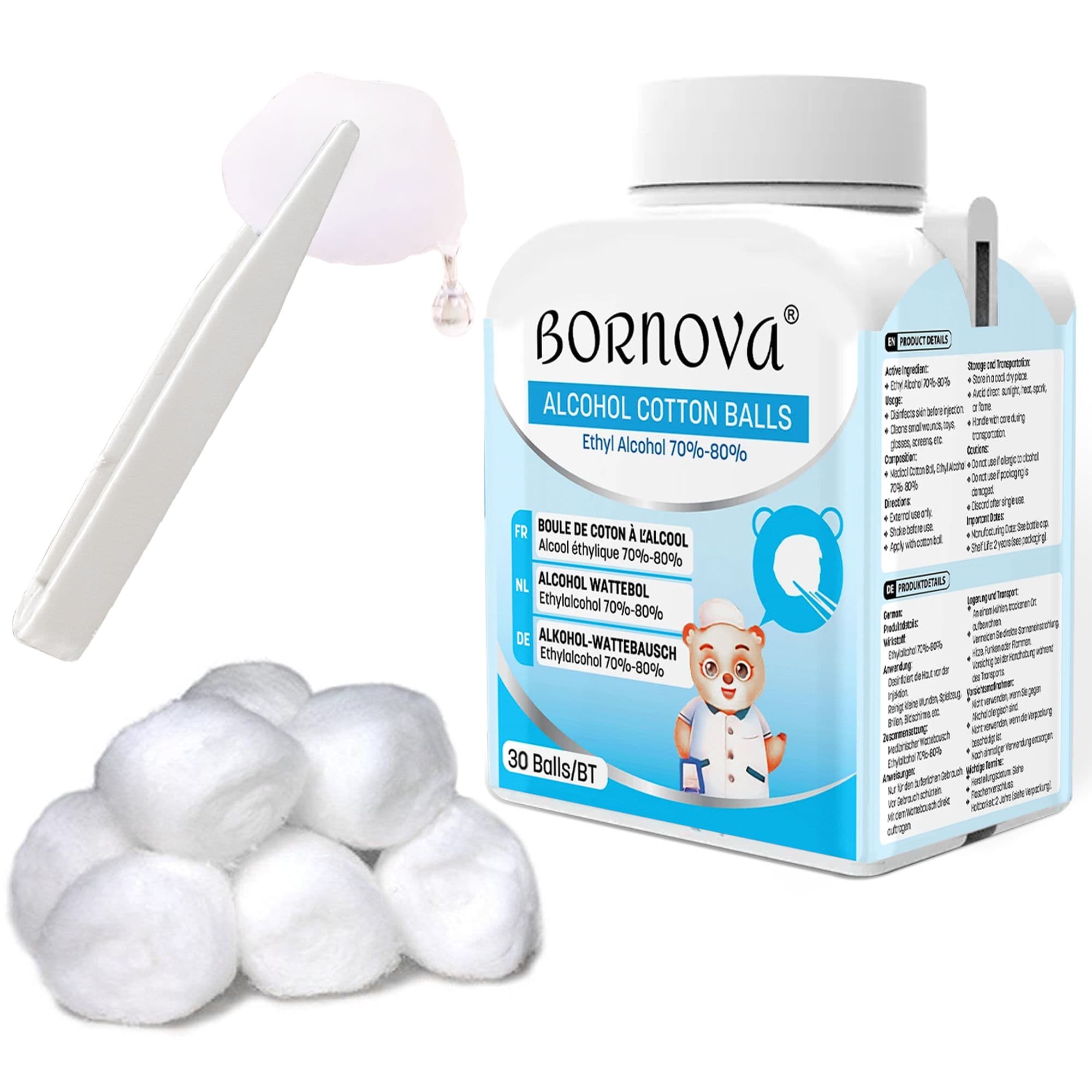 Boules de coton alcoolisées (70–80 %) – Flacon de 30 unités