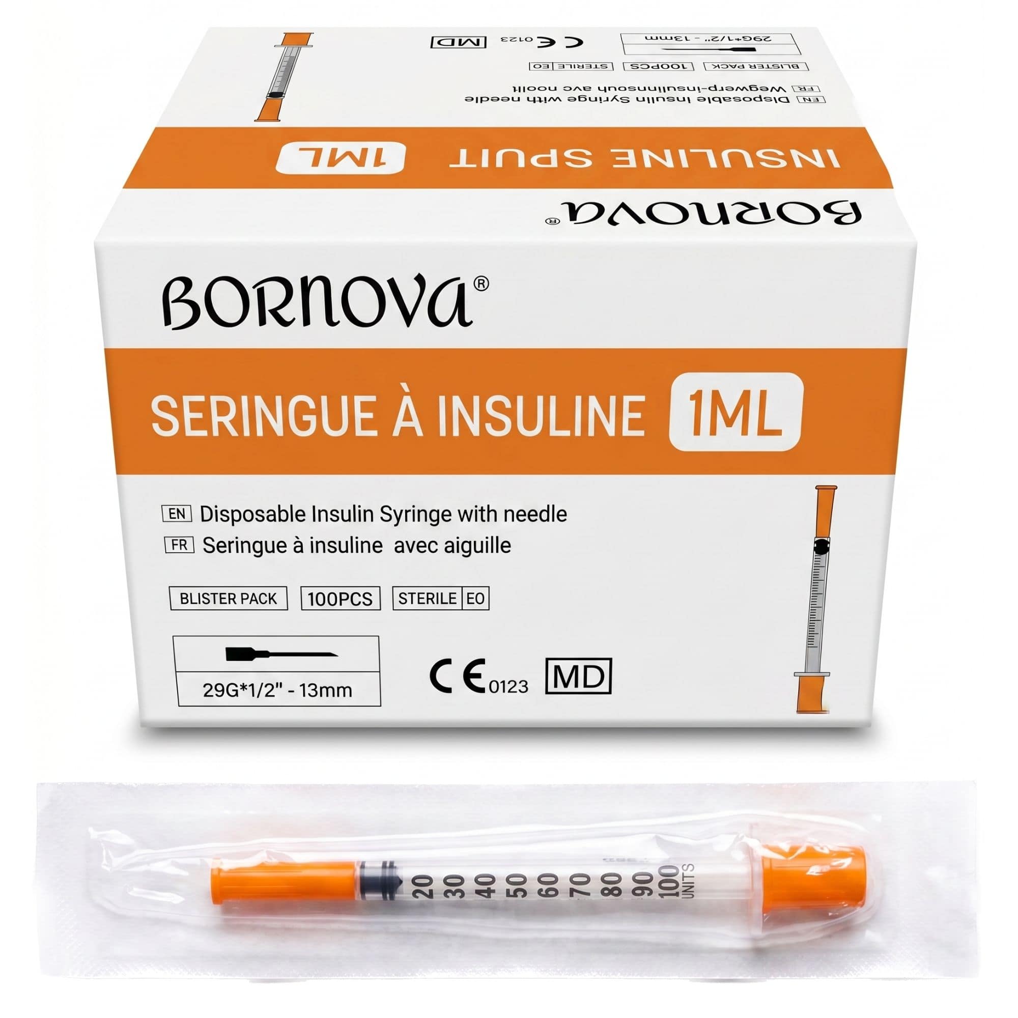Seringue à Insuline Stérile avec Aiguille – 0,5 mL / 1 mL – Usage Unique — 1 / 1